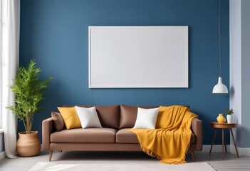 Interior A modern living room with a large tan leather sofa, and photo frame, colorful throw pillows, and a large window with natural light streaming in, against a blue wall