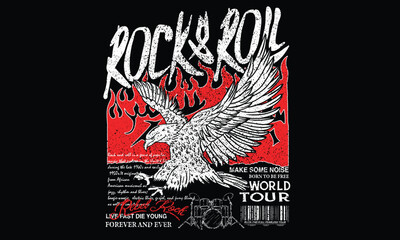 Eagle with fire artwork. Fearless music tour. Eagle vintage vector t shirt design. Rock and roll with wing logo artwork for apparel and others.	