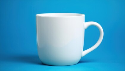 Obraz premium Blank White Coffee Mug on Blue Background The simple design and contrasting colors make it ideal for mockups, branding, and product presentations.