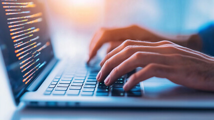 Hands typing on laptop keyboard with programming interface, software development, digital, tech, futuristic, coding