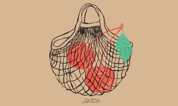 Fresh cherry artwork. Organic fruit market. Cherry fruit print. Nature fruit club print design. Organic food artwork for for t-shirt. Net shopping bag for fruit artwork.