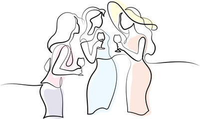 Summer party for girls. Fun drink lifestyle. Continuous one line drawing