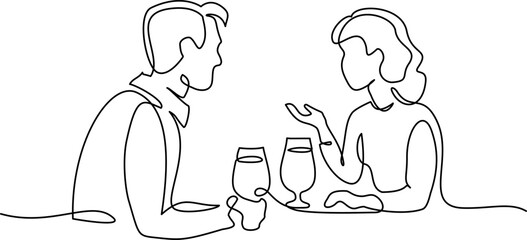 Man and woman drinking beer or wine. Continuous one line drawing.