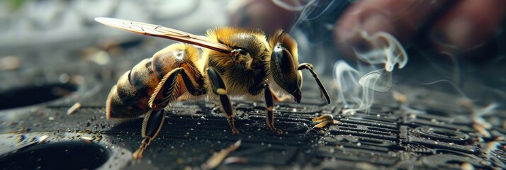 Fototapeta premium Closeup of a young Indian honey bee being smoked to relocate crawling on an old car tire with blurred hands of a person in the background