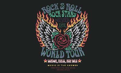 Rock star never die. Eagle wing with fire. Rock and roll graphic print design for apparel, stickers, posters and background. Eagle fly vector artwork design for shirt and others. Rose flower artwork.