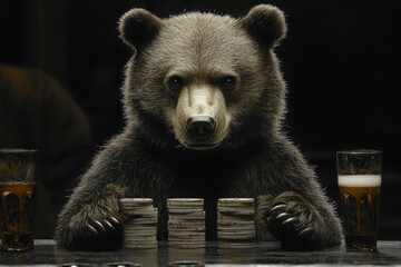 Obraz premium Animal Bear plays poker blackjack in a casino, fantasy