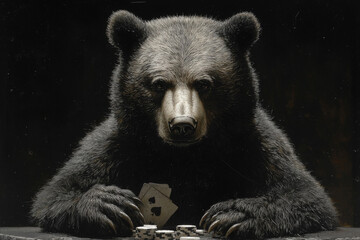 Animal Bear plays poker blackjack in a casino, fantasy