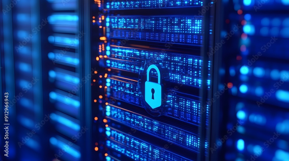 Poster close-up of a data server with a lock symbol in a secure blue-lit environment, representing cybersec