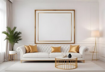 A large wooden frame hanging on a white wall above a beige sofa with decorative pillows, with potted plants on either side