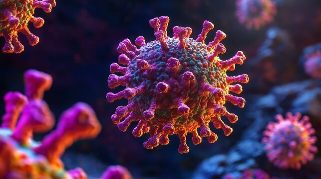 Dangerous viruses funder a microscope. Period of infectious seasonal viral diseases, coronavirus pandemic. Medicines for viruses, vaccination	
