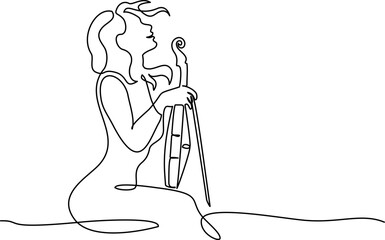 Violinist woman resting with violin on lap. Continuous one line drawing © Valenty
