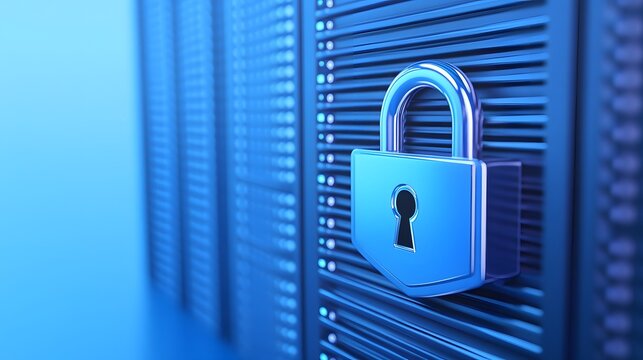 Close-up of a locked padlock on a secure server rack representing data security, information protection, and cybersecurity.