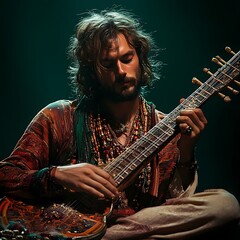 A musician deeply engrossed in playing a traditional string instrument, showcasing creativity and passion in an artistic setting.