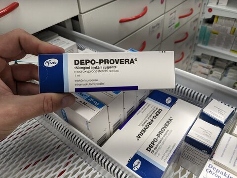 Prague,Czech Republic-August 10 2024: DEPO-PROVERA box of medication with MEDROXYPROGESTERONE active substance by PFIZER,used for contraception,birth control

