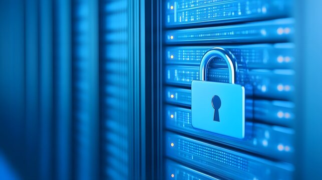 Close-up of a padlock securing server data, representing online security and protection in a data center environment.