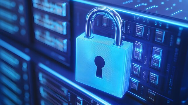 Close-up of a padlock securing server racks, highlighting cybersecurity and data protection in a modern technology environment.
