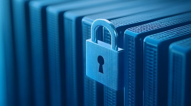 Close-up of a padlock securing server racks, symbolizing data protection and cybersecurity in a modern technological environment.