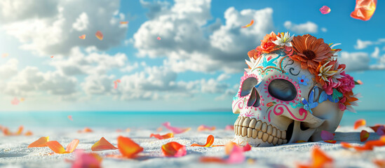 A  skull adorned with colorful flowers lies in the sand on a beach under a blue sky with white clouds. Scattered petals surround the skull, creating a vibrant scene against a clear, clean background.