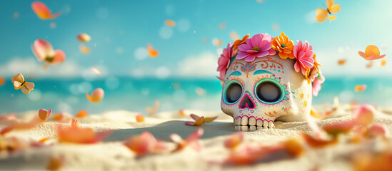 A cute skull adorned with colorful flowers lies in the sand on a beach under a blue sky with white clouds.petals surround the skull, creating a vibrant scene against a clear, clean background