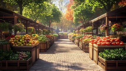 A vibrant, sunlit market scene filled with fresh fruits and vegetables, surrounded by lush greenery and autumn foliage.