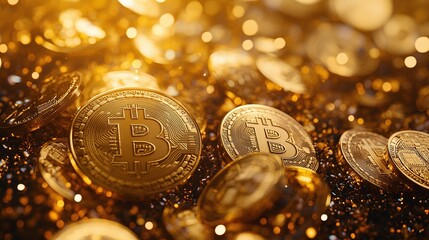 Shiny Golden Bitcoin Coins Stacked in Piles, Reflecting Light with Intricate Digital Designs, Symbolizing Cryptocurrency Wealth and Modern Financial Technology