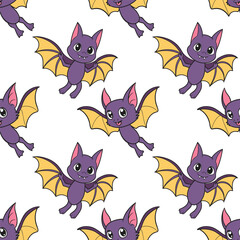 Cute seamless pattern with bat characters. Halloween background, design for children's clothing, fabrics, textiles.	
