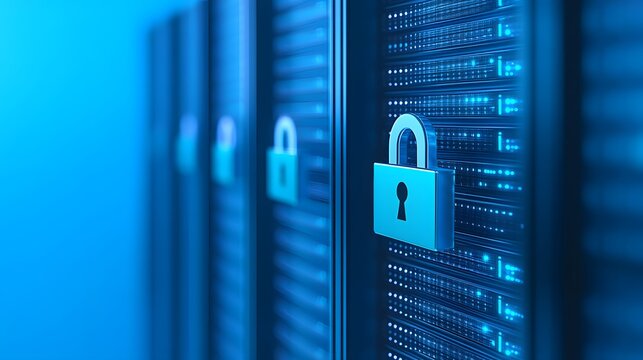 Close-up of secure server racks with padlocks, emphasizing data security and protection in a modern tech environment.