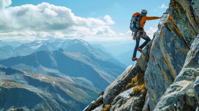 man climbing imposing mountain with more mountains in the background