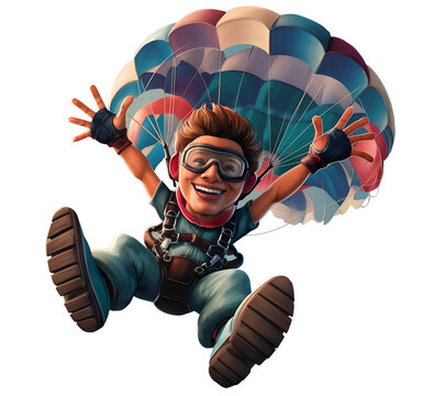 A 3D cartoon illustration of a young man descending from a parachute, arms spread wide and a joyful expression on his face transparent background