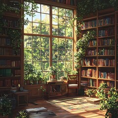 Fototapeta premium A cozy library filled with books and natural light, surrounded by lush greenery, creating a serene reading environment.