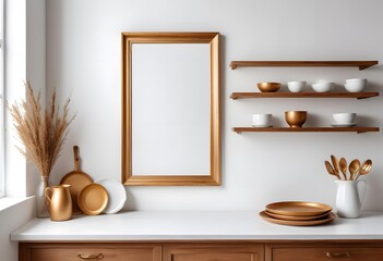 A wooden picture frame with a golden finish, leaning against a white wall
