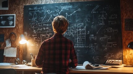 Focused student solving complex equations on a chalkboard surrounded by mathematical symbols and formulas in a dimly lit classroom