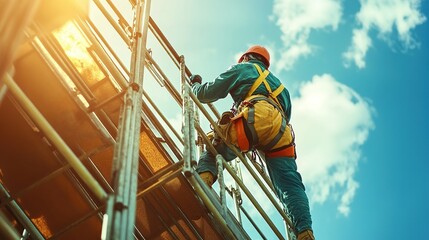 industrial climber paints metal scaffolding, anti-corrosion treatment, sandblasting airless painting