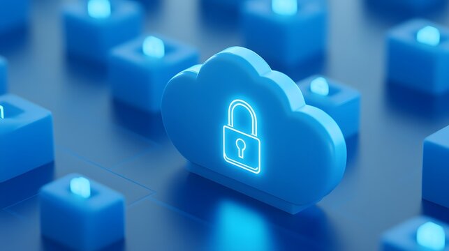 Cloud security concept featuring a digital cloud icon with a lock symbol, representing data protection and cyber security.