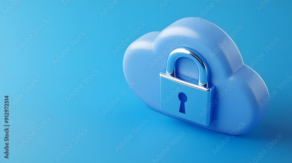 Poster cloud security concept image showing a blue cloud shape with a padlock on it, representing data prot