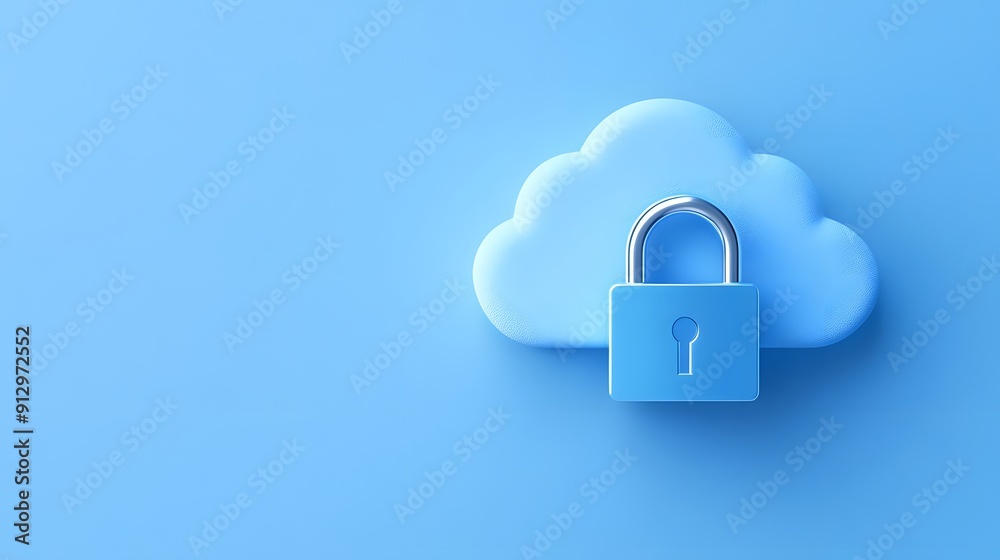 Poster cloud security concept image showing blue cloud with a secure padlock, symbolizing safe data and cyb