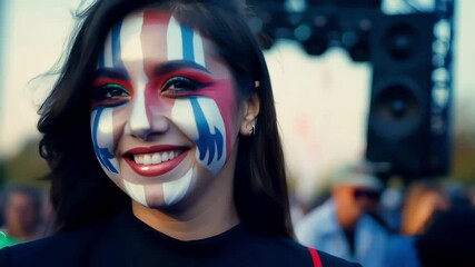 Woman with face paint in French flag colors

