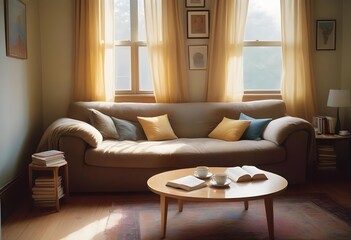 Fototapeta premium Modern Living Room with cozy Sofa, Coffee Table, and Sunny Window