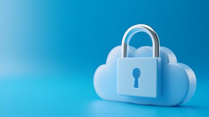 Cloud security concept with a lock symbol on a cloud icon. Protecting digital data storage and internet privacy. Blue background.