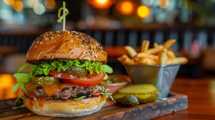 A burger with tomatoes Fries at the rear, pickles and lettuce on a wooden dish