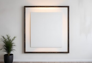 A black picture frame with a plant next to it on a white background