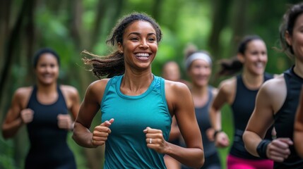 A diverse group of people running outdoors, smiling and laughing together in an active fitness class