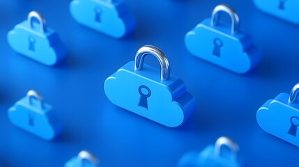 Cloud security concept with multiple blue padlocks in the shape of clouds, symbolizing data protection and online safety.