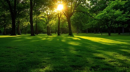 Obraz premium Serene green trees park with sunlight, Sunlight filters through the trees park.