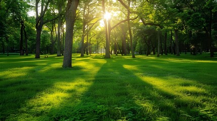 Fototapeta premium Serene green trees park with sunlight, Sunlight filters through the trees park.
