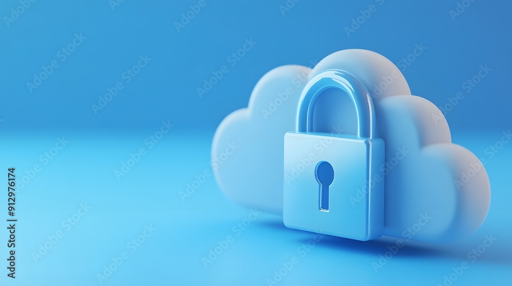 Poster conceptual image of cloud security represented by a cloud icon with a lock, emphasizing data protect
