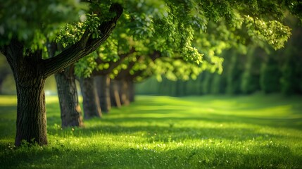Obraz premium Serene park with lush green trees.