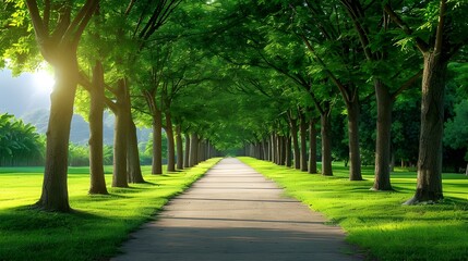 Serene green park with winding road and sunlight, Sunlight filters through the trees park, Serene park landscape with sunlit path and trees.