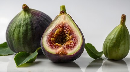 Fresh figs halved, both with dark green skin and red inside, placed on a white background