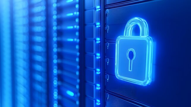 Data center with secure server rack and glowing padlock icon, representing data security, cybersecurity, and information protection.
